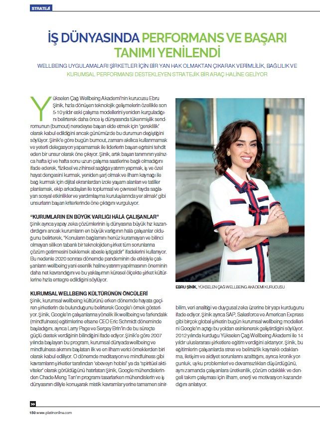 PLATIN Dergisi Ebru Şinik Kurumsal Wellbeing Röportaj Sayfası 150